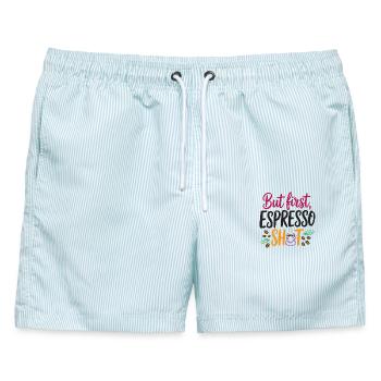 Aber erster Espresso-Shot - Männer Badeshorts - hellblau gestreift - Vorne - AI Model Male 178 light (178cm)