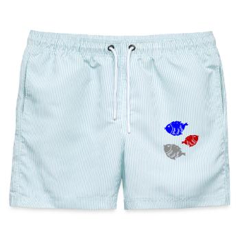 Drei farbige Fische   - Männer Badeshorts - hellblau gestreift - Vorne - AI Model Male 178 light (178cm)