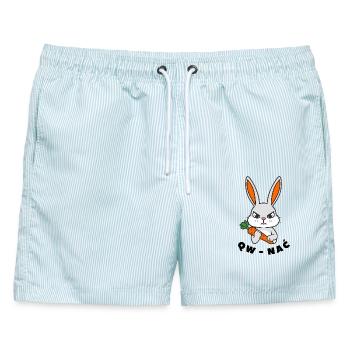 QW NAĆ – Angry White Rabbit (lustiges Wortspiel) - Männer Badeshorts - hellblau gestreift - Vorne - AI Model Male 178 light (178cm)