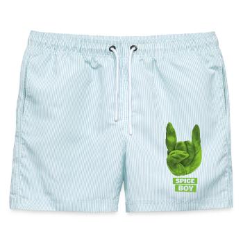 Spiceboy - Basilikum - Devil Horns - Rock ’n’ Roll - Männer Badeshorts - hellblau gestreift - Vorne - AI Model Male 178 light (178cm)
