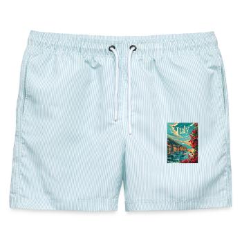  Italienische Küstenlandschaft mit Blumen und - Männer Badeshorts - hellblau gestreift - Vorne - AI Model Male 178 light (178cm)