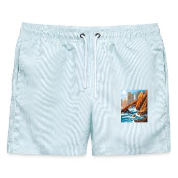 Urbaner Küstenbogen in Meer und Stadt - Männer Badeshorts - hellblau gestreift - Vorne - AI Model Male 178 light (178cm)