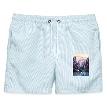 Orcas springen im Bergtal - Männer Badeshorts - hellblau gestreift - Vorne - AI Model Male 178 light (178cm)