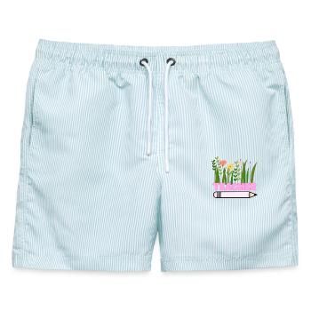 Lehrerblumen mit Bleistift - Männer Badeshorts - hellblau gestreift - Vorne - AI Model Male 178 light (178cm)