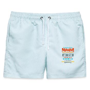 Lustige Inschrift - Männer Badeshorts - hellblau gestreift - Vorne - AI Model Male 178 light (178cm)