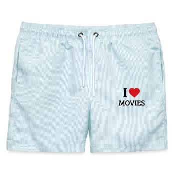I Love Movies Spruch – Lustiges Kino & Film Design - Männer Badeshorts - hellblau gestreift - Vorne - AI Model Male 178 light (178cm)