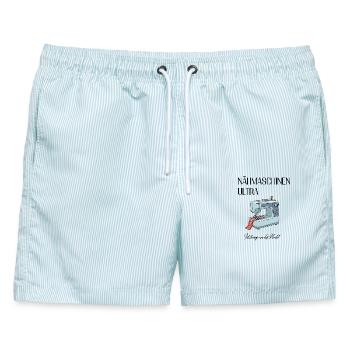 Retro Nähmaschinen Illustration - Männer Badeshorts - hellblau gestreift - Vorne - AI Model Male 178 light (178cm)