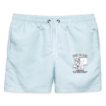 Geboren zum Raub, gezwungen, "IRGENDWELCHE FRAGEN?" zu stellen. - Männer Badeshorts - hellblau gestreift - Vorne - AI Model Male 178 light (178cm)