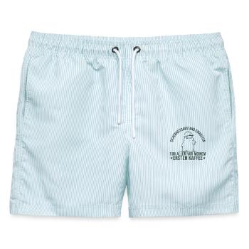 Handwerker Sicherheitsabstand vor erstem Kaffee - Männer Badeshorts - hellblau gestreift - Vorne - AI Model Male 178 light (178cm)