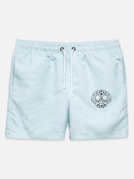 Calavera – gemusterter Schädel – Schwarz - Männer Badeshorts - hellblau gestreift