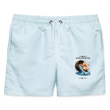 Sprichwort Kind mit dem Bade ausschütten - Männer Badeshorts - hellblau gestreift - Vorne - AI Model Male 178 light (178cm)