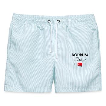 Bodrum Turkei Koordinaten Reise Souvenir - Männer Badeshorts - hellblau gestreift - Vorne - AI Model Male 178 light (178cm)