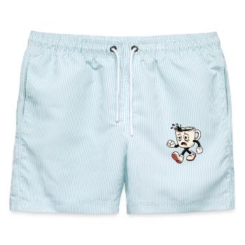 Müder Kaffeebecher Cartoon - Männer Badeshorts - hellblau gestreift - Vorne - AI Model Male 178 light (178cm)