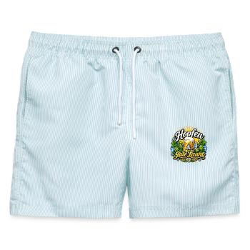 HOPFEN & GUTE LAUNE – Bayerisches Bierfest Vintage - Männer Badeshorts - hellblau gestreift - Vorne - AI Model Male 178 light (178cm)