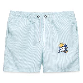 Sommer Chill – Entspannter Charakter im Liegestuhl - Männer Badeshorts - hellblau gestreift - Vorne - AI Model Male 178 light (178cm)