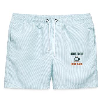 Kaffee rein, Ideen raus – kreativer Kaffeespruch - Männer Badeshorts - hellblau gestreift - Vorne - AI Model Male 178 light (178cm)