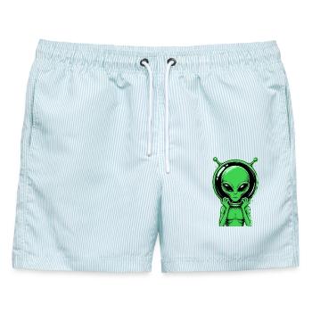  Grüner Alien Außerirdischer Science Fiction - Männer Badeshorts - hellblau gestreift - Vorne - AI Model Male 178 light (178cm)