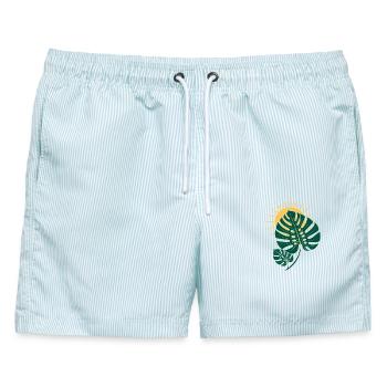 Monstera Blatt mit Sonne – Boho Botanical - Männer Badeshorts - hellblau gestreift - Vorne - AI Model Male 178 light (178cm)