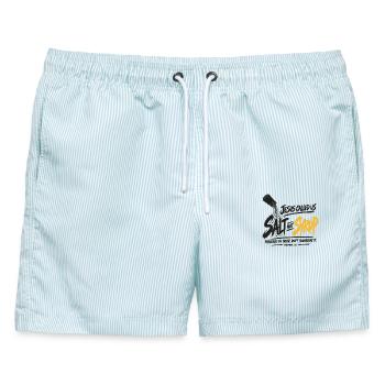 Graffiti-Skript-Burst-Logo - Männer Badeshorts - hellblau gestreift - Vorne - AI Model Male 178 light (178cm)