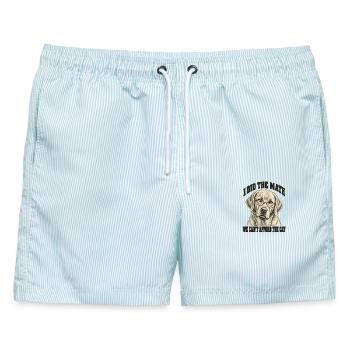 Brillenhund: Wir können uns die Katze nicht leisten - Männer Badeshorts - hellblau gestreift - Vorne - AI Model Male 178 light (178cm)