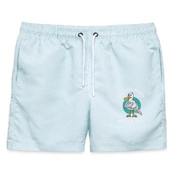 Möwe „Moin Digga? Ganz dünnes Eis!“ - Männer Badeshorts - hellblau gestreift - Vorne - AI Model Male 178 light (178cm)