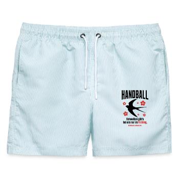 Handball Spruch – Schwalben nur im Frühling - Männer Badeshorts - hellblau gestreift - Vorne - AI Model Male 178 light (178cm)