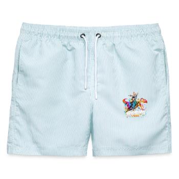 Frenchie Mode Mit Dino Raptor Hund - Männer Badeshorts - hellblau gestreift - Vorne - AI Model Male 178 light (178cm)