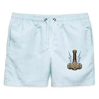 Mjölnir – Thors Hammer mit blauen Blitzen - Männer Badeshorts - hellblau gestreift - Vorne - AI Model Male 178 light (178cm)