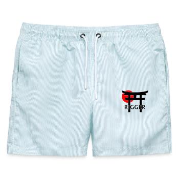 Rigger unter Torii und roter Sonne (schwarz) - Männer Badeshorts - hellblau gestreift - Vorne - AI Model Male 178 light (178cm)