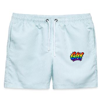 Gay - Schwul - Lesbisch - Regenbogenfarben - LGBT - Männer Badeshorts - hellblau gestreift - Vorne - AI Model Male 178 light (178cm)