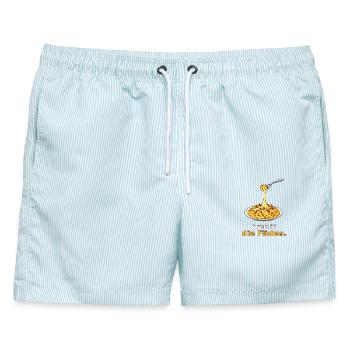 Käsespätzle – so ziehe ich die Fäden - Männer Badeshorts - hellblau gestreift - Vorne - AI Model Male 178 light (178cm)