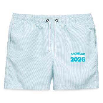 Bachelor 2026 Abschluss Promotion Sponsion - Männer Badeshorts - hellblau gestreift - Vorne - AI Model Male 178 light (178cm)