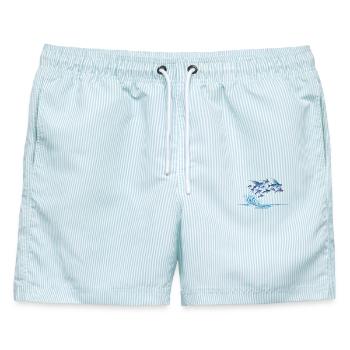 Fliegende Fische gleiten über Wasser Wellen Motiv - Männer Badeshorts - hellblau gestreift - Vorne - AI Model Male 178 light (178cm)