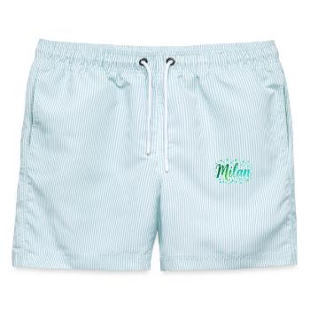 Name Milan Neon-Grün Schrift mit Tupfen - Aquarell - Männer Badeshorts - hellblau gestreift - Vorne - AI Model Male 178 light (178cm)