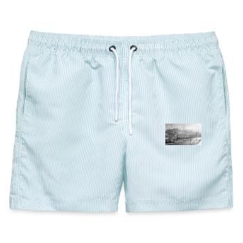M31 Straßenbahn in Göteborg - 35mm Film Fotografie S/W - Männer Badeshorts - hellblau gestreift - Vorne - AI Model Male 178 light (178cm)