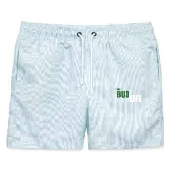 Bud Crown – Minimalistisches Logo für Streetwear - Männer Badeshorts - hellblau gestreift - Vorne - AI Model Male 178 light (178cm)