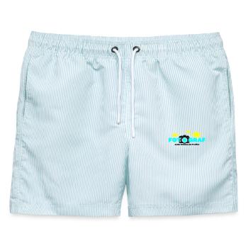 Fotograf Fotografin Fotokamera - Männer Badeshorts - hellblau gestreift - Vorne - AI Model Male 178 light (178cm)