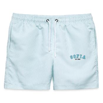 Sofia gegründet 1986 - Männer Badeshorts - hellblau gestreift - Vorne - AI Model Male 178 light (178cm)