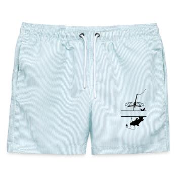 Fischschwimmer und Bar zwischendurch für den eigenen Text - Männer Badeshorts - hellblau gestreift - Vorne - AI Model Male 178 light (178cm)