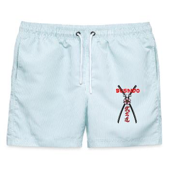 Bushido Macht & Ehre - Männer Badeshorts - hellblau gestreift - Vorne - AI Model Male 178 light (178cm)