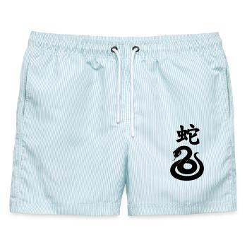 Schlange mit chinesischem Schriftzeichen und Schlangenbild - Männer Badeshorts - hellblau gestreift - Vorne - AI Model Male 178 light (178cm)