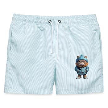 Katze Herbst Winter Outfit - Männer Badeshorts - hellblau gestreift - Vorne - AI Model Male 178 light (178cm)