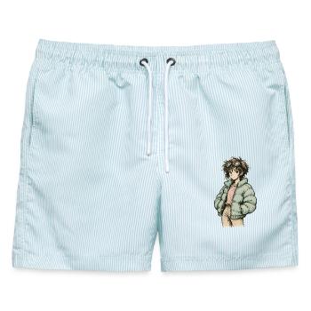 Indie-Skaterin in mintfarbener Puffy Jacke - Männer Badeshorts - hellblau gestreift - Vorne - AI Model Male 178 light (178cm)