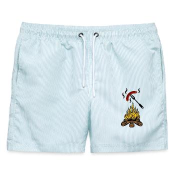 Lagerfeuer mit Bratwurst - Männer Badeshorts - hellblau gestreift - Vorne - AI Model Male 178 light (178cm)