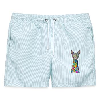 Buntes Mosaikkatzen - art deco stil  - Männer Badeshorts - hellblau gestreift - Vorne - AI Model Male 178 light (178cm)