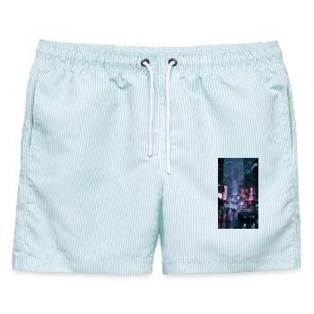 Neonregen-Stadt Neonlicht - Männer Badeshorts - hellblau gestreift - Vorne - AI Model Male 178 light (178cm)