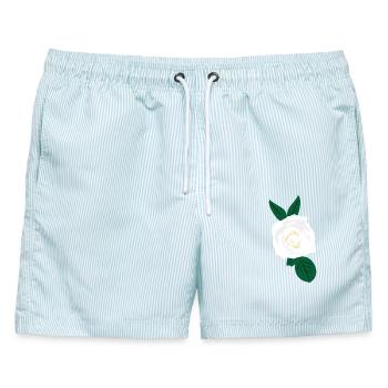 Weiße Rose mit grünen Blättern - Männer Badeshorts - hellblau gestreift - Vorne - AI Model Male 178 light (178cm)