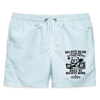 Schwarzer Humor | Sarkastischer Büro Spruch - Männer Badeshorts - hellblau gestreift - Vorne - AI Model Male 178 light (178cm)