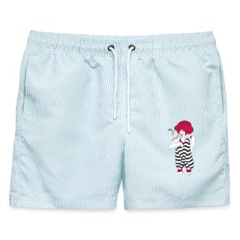 Mädchen, rote Haare im Streifen-Look mit Katze - Männer Badeshorts - hellblau gestreift - Vorne - AI Model Male 178 light (178cm)