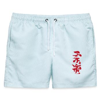 Budo - Kalligrafie Rot - Männer Badeshorts - hellblau gestreift - Vorne - AI Model Male 178 light (178cm)